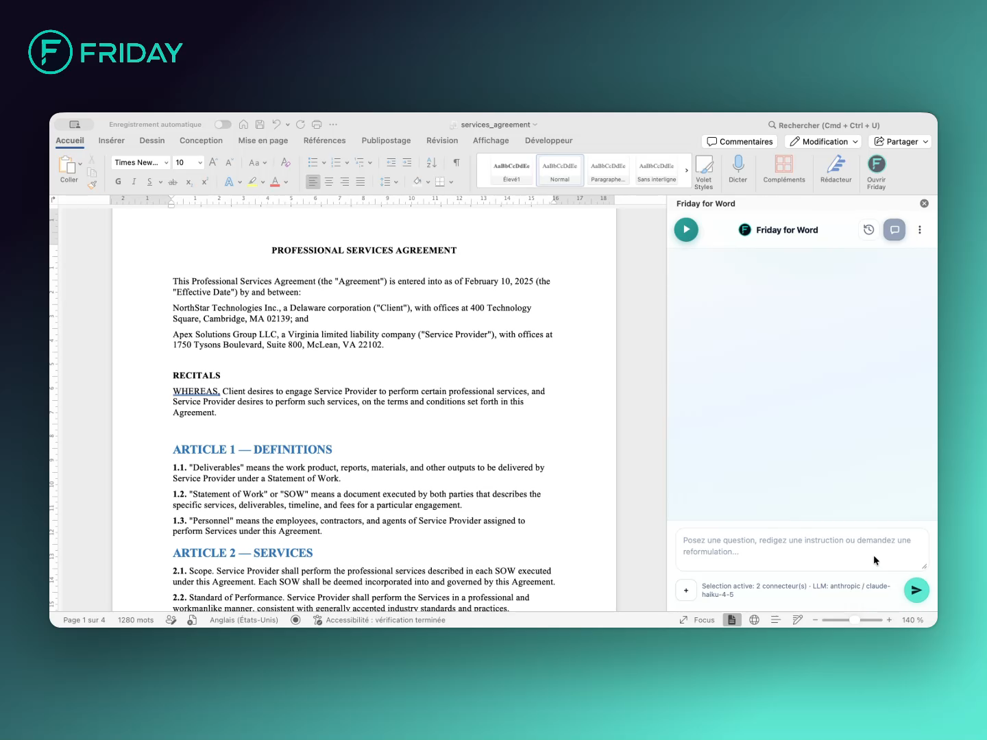 Le complément Friday ouvert à côté d’un contrat dans Microsoft Word